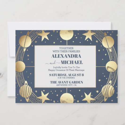 Celestial Navy Gold Crescent Moon Wedding Einladung (Vorderseite)