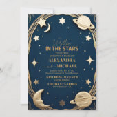 Celestial Navy Gold Crescent Moon Wedding Einladung (Vorderseite)