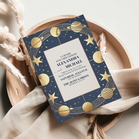 Celestial Navy Gold Crescent Moon Wedding Einladung