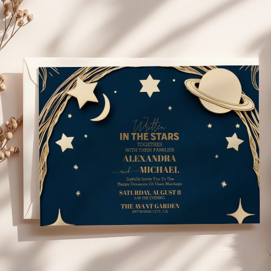 Celestial Navy Gold Crescent Moon Wedding Einladung