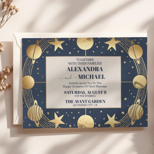 Celestial Navy Gold Crescent Moon Wedding Einladung