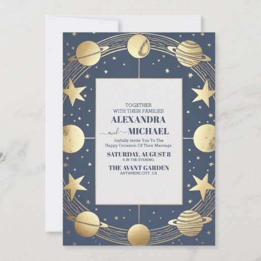 Celestial Navy Gold Crescent Moon Wedding Einladung (Vorderseite)