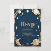 Celestial Navy Gold Crescent Moon Wedding RSVP Karte (Vorderseite)