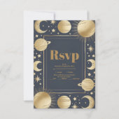 Celestial Navy Gold Crescent Moon Wedding RSVP Karte (Vorderseite)
