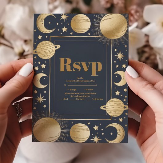 Celestial Navy Gold Crescent Moon Wedding RSVP Karte
