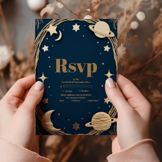 Celestial Navy Gold Crescent Moon Wedding RSVP Karte