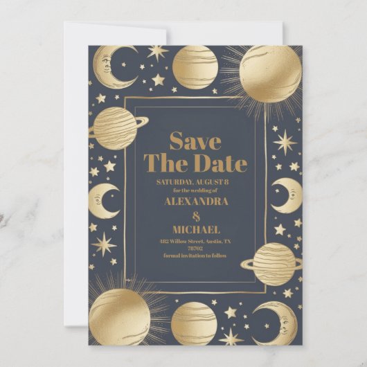 Celestial Navy Gold Crescent Moon Wedding Save The Date (Vorderseite)