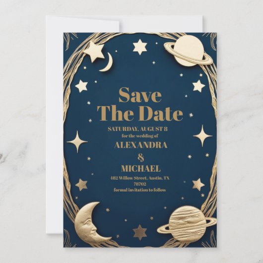 Celestial Navy Gold Crescent Moon Wedding Save The Date (Vorderseite)