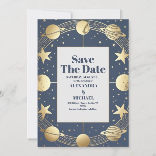 Celestial Navy Gold Crescent Moon Wedding Save The Date (Vorderseite)