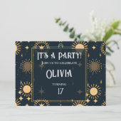 Celestial Navy Gold Stars Mystical Sun Geburtstag Einladung (Stehend Vorderseite)