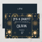 Celestial Navy Gold Stars Mystical Sun Geburtstag Einladung (Vorne/Hinten)