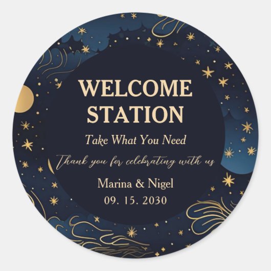 Celestial Navy Gold Wedding Welcome Station Runder Aufkleber (Vorderseite)