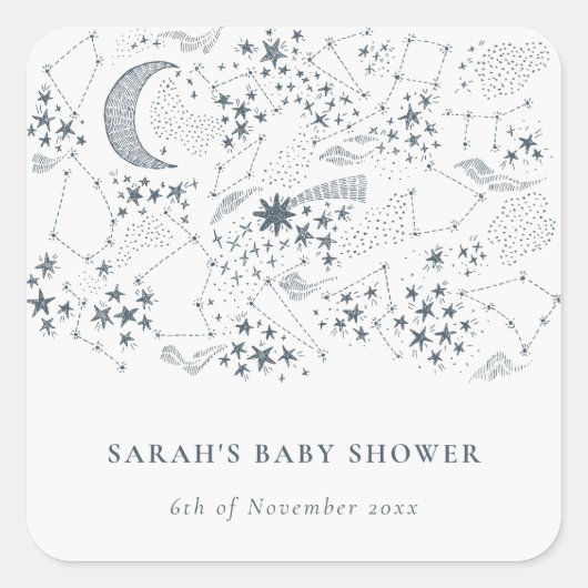 Celestial Navy Starry Night Moon Baby Shower Quadratischer Aufkleber (Vorderseite)