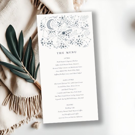Celestial Navy Starry Night Moon Wedding Menu Card Dankeskarte