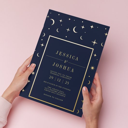 Celestial Navy Vintager Star Moon Golden Foil Folieneinladung