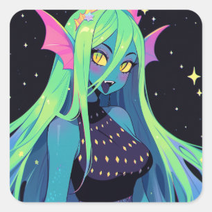 Celestial Neon Mermaid — Kawaii Cosmic Siren Vibes Quadratischer Aufkleber