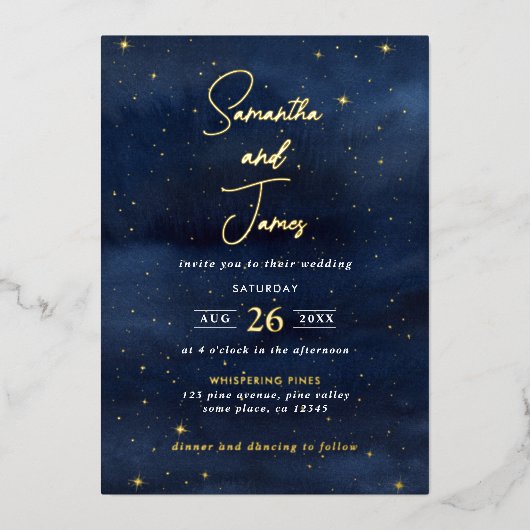 Celestial Night Sky Abend Wedding Blue & Gold Folieneinladung (Vorderseite)
