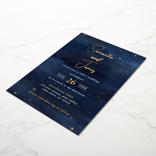 Celestial Night Sky Abend Wedding Blue & Gold Folieneinladung (Gedreht)