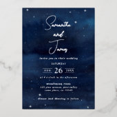 Celestial Night Sky Abend Wedding Blue & Silver Folieneinladung (Vorderseite)