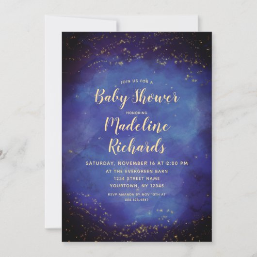 Celestial Night Sky Blue & Gold Stars Baby Dusche Einladung (Vorderseite)