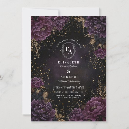Celestial Night Sky Floral Wedding Einladung (Vorderseite)