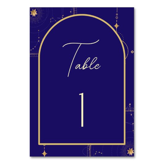 Celestial Night Sky Navy Blue and Gold Wedding Tischnummer (Vorderseite)
