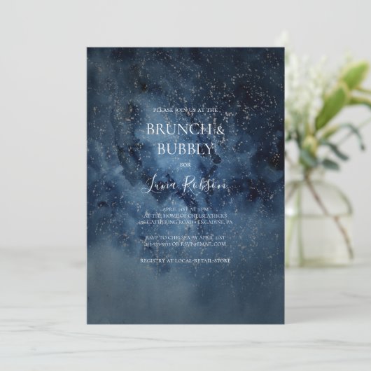 Celestial Night Sky Silver Brunch und Bubbly Einladung (Stehend Vorderseite)