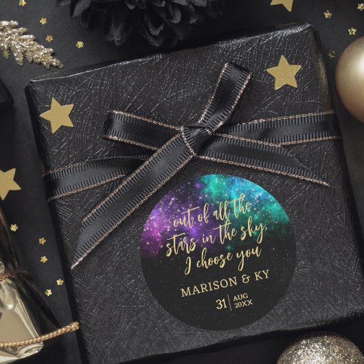 Celestial Night Sky Space Nebula Gold Star Hochzei Runder Aufkleber