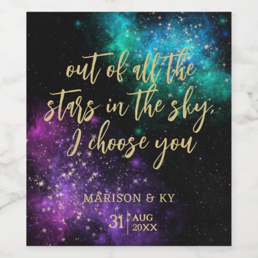 Celestial Night Sky Space Nebula Gold Star Hochzei Weinetikett (Einzelnes Label)