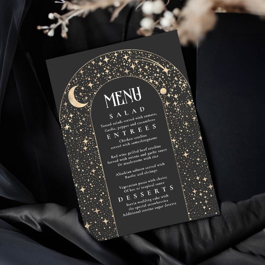 Celestial Night Sky Stars Arch Black Wedding Menu Einladung
