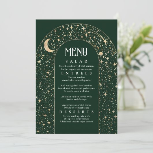 Celestial Night Sky Stars Arch Wedding Menu Einladung (Stehend Vorderseite)