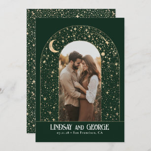 Celestial Night Stars Emerald Green Wedding Foto Einladung