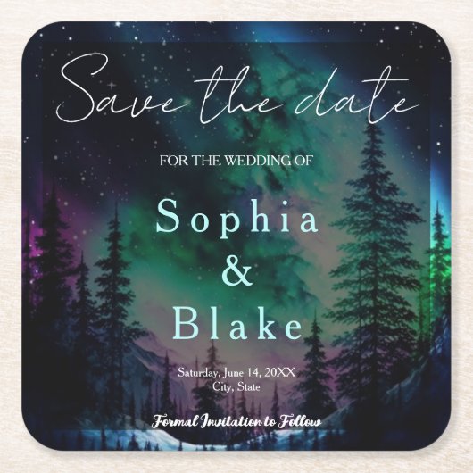 Celestial Northern Lights Wedding Save the Date Rechteckiger Pappuntersetzer (Vorderseite)
