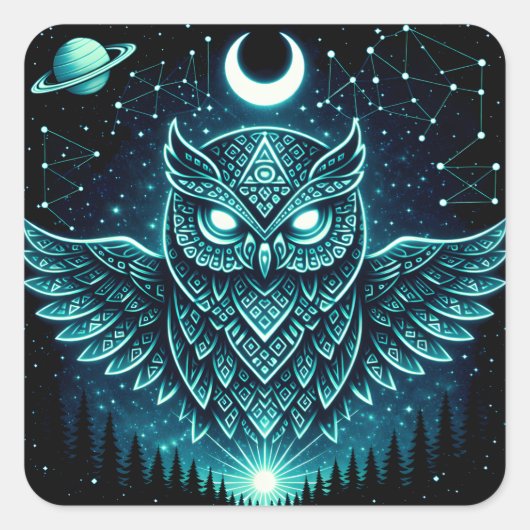 Celestial Owl – Cosmic Wisdom Wildlife Galaxy Quadratischer Aufkleber (Vorderseite)