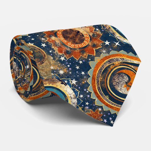 Celestial Paisley Pattern Navy Blue, Gold Monogram Krawatte (Gerollt)