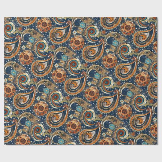 Celestial Paisley Pattern Navy Blue, Orange, Gold Geschenkpapier (Flach)