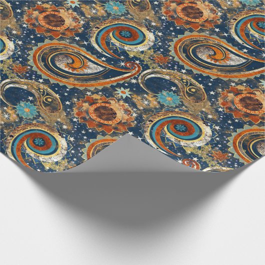 Celestial Paisley Pattern Navy Blue, Orange, Gold Geschenkpapier (Ecke)