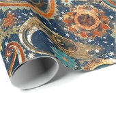 Celestial Paisley Pattern Navy Blue, Orange, Gold Geschenkpapier (Rolleneckpunkt)