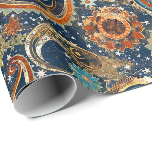 Celestial Paisley Pattern Navy Blue, Orange, Gold Geschenkpapier (Rolleneckpunkt)