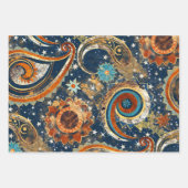 Celestial Paisley Pattern Navy Blue, Orange, Gold Geschenkpapier Set (Vorderseite 3)