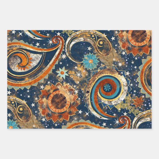 Celestial Paisley Pattern Navy Blue, Orange, Gold Geschenkpapier Set (Vorderseite 3)