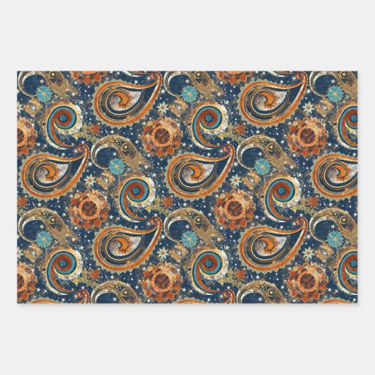 Celestial Paisley Pattern Navy Blue, Orange, Gold Geschenkpapier Set (Vorderseite)