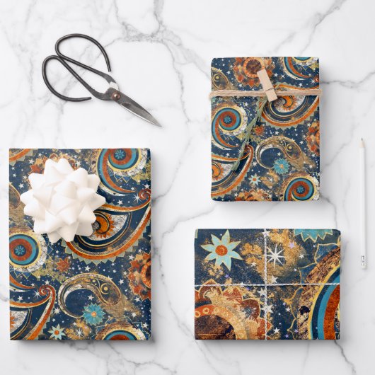 Celestial Paisley Pattern Navy Blue, Orange, Gold Geschenkpapier Set (Vorderseite)