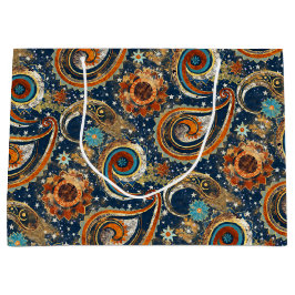 Celestial Paisley Pattern Navy Blue, Orange, Gold Große Geschenktüte