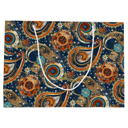 Celestial Paisley Pattern Navy Blue, Orange, Gold Große Geschenktüte (Rückseite)