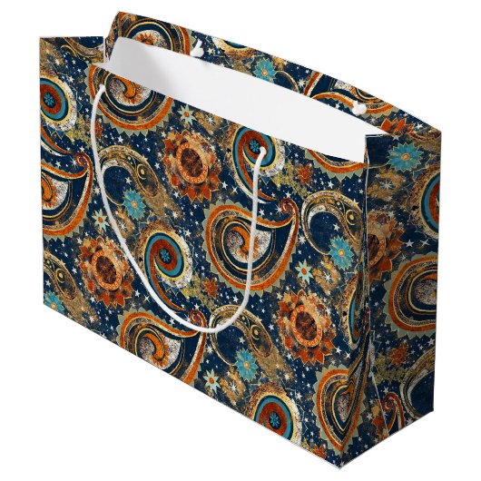 Celestial Paisley Pattern Navy Blue, Orange, Gold Große Geschenktüte (Rückseite Schrägansicht)
