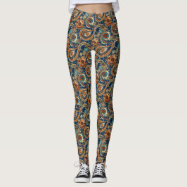 Celestial Paisley Pattern Navy Blue, Orange, Gold Leggings