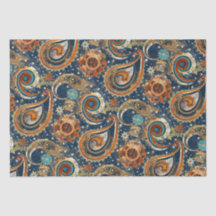 Celestial Paisley Pattern Navy Blue, Orange, Gold
