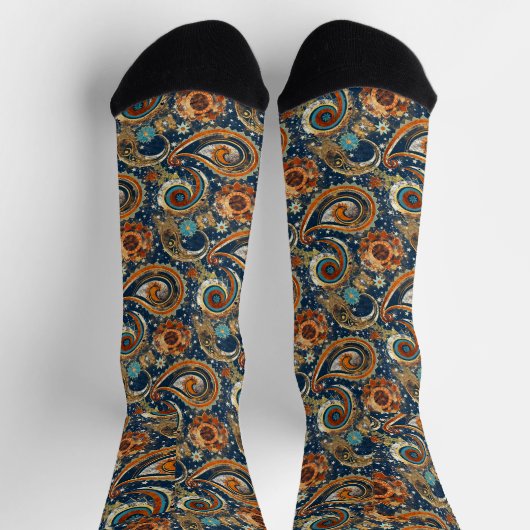 Celestial Paisley Pattern Navy Blue, Orange, Gold Socken (Oben)