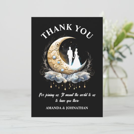 Celestial Pärchen Silhouette Halbmond Sternennacht Dankeskarte (Stehend Vorderseite)